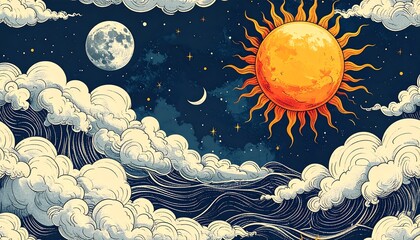 Celestial Harmony: A Whimsical Dance of Sun, Moon, Clouds, and Starry Night