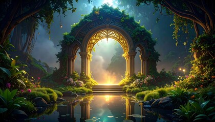 Archway in Lush Garden Reflecting in Pond Leading to Glowing Light