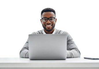 Smiling man with laptop isolated on transparent background
