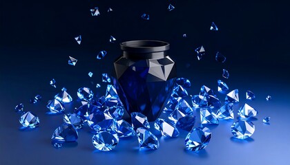 Arrangement of Shiny Blue Gems and Faceted Vase on a Blue Gradient