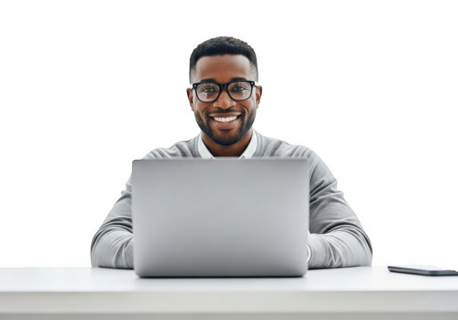 Smiling man with laptop isolated on transparent background