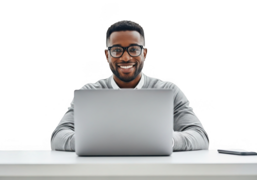 Smiling man with laptop isolated on transparent background