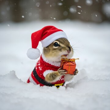 Cute chipmunk dressed in Santa hat and Christmas sweater, sitting in snow, funny winter animal holiday concept.