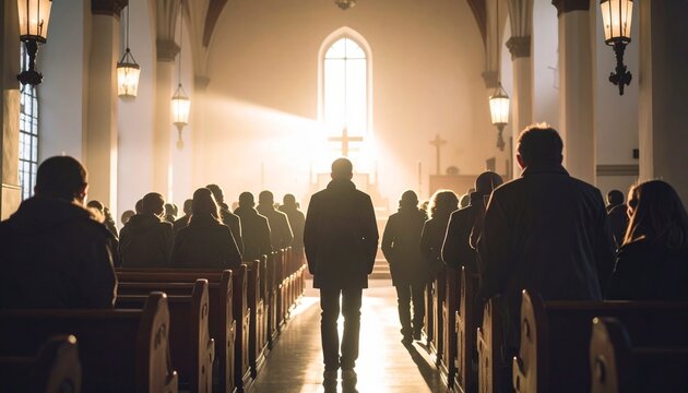 A person walks down the middle of a church aisle as dramatic sunlight shines through stained glass, captured with a forward-panning cinematic shot and dramatic lighting highlighting serenity spiritual