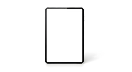 Modern black tablet with a blank white screen standing upright on a clean white background, ready for content display.