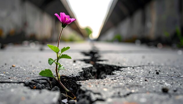 Pink flower sprouting from cracked pavement