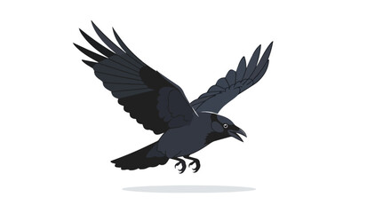 Naklejka premium Isolated drawing of a crow in mid-flight, its wings spread wide against a stark white background, providing striking contrast and visual clarity