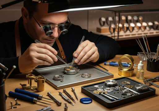 Skilled Watchmaker Carefully Assembling Intricate Mechanical Clockwork Mechanism with Precision Tools