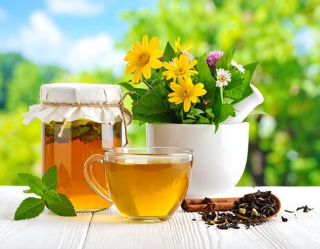 Herbal tea on a white table outdoors