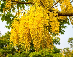Cluster of vibrant yellow flowers cascading from a tree branch