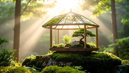 Bonsai Tree Display in Natural Setting with Soft Sunlight