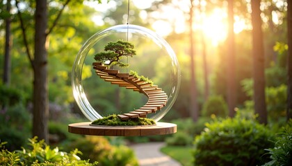 Bonsai Tree on Wooden Staircase Inside a Glass Orb Hanging in Nature