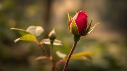 Fresh Red Rosebud Blossoming in a Natural Garden Setting