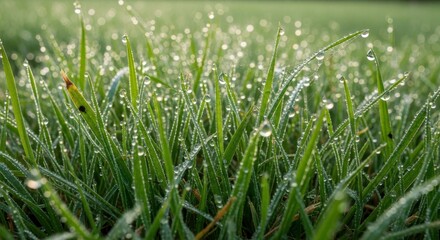 Obraz premium A close up shot of green grass covered in water droplets on a sunny day outdoors