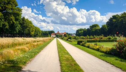 Fototapeta premium Majestic Castle Pathway: Discovering a Beautiful Estate Garden View