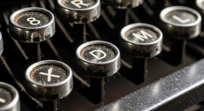Close up of vintage typewriter keys showing letters and numbers in detail view