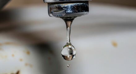 A close up shot of a dripping faucet with a water droplet hanging below it