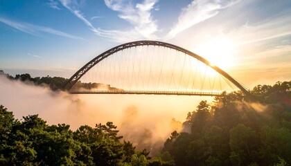 Bridge Over Foggy Landscape at Sunrise with Dramatic Light