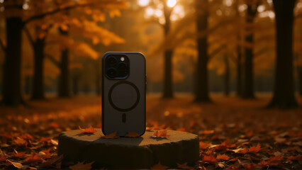 "MagSafe Compatible Phone Case in Forest Setting" *Central Focus*: A sleek, dark gray smartphone case with a prominent circular cutout for the camera and flash, featuring the MagSafe logo at the