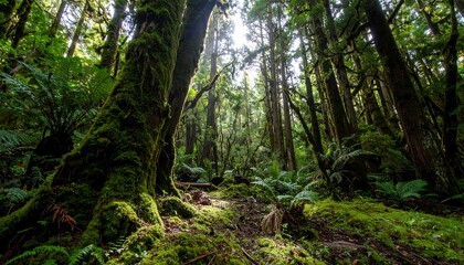 Obraz premium Lush forest floor, sunlight filtering through dense canopy. Moss-covered trees, ferns, and undergrowth