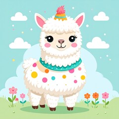 Cute llama with party hat, colorful polka dots, and flowers