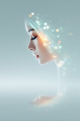 Double exposure of woman profile of serene face with luminous trails and bokeh for futuristic design