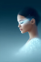 Profile of serene face with glowing fiber optic lines for futuristic design