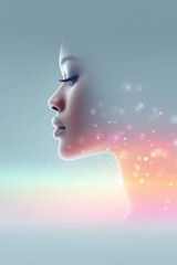 Double exposure of a black woman profile of serene face with colorful pastel light particles for futuristic design