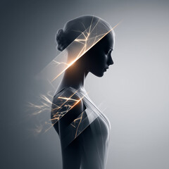 Woman profile of translucent figure with glowing shards for dark futuristic design