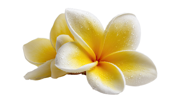 Close-up of a vibrant plumeria flower.  Delicate petals, white with a  golden-yellow center, glistening with water droplets.  Soft focus