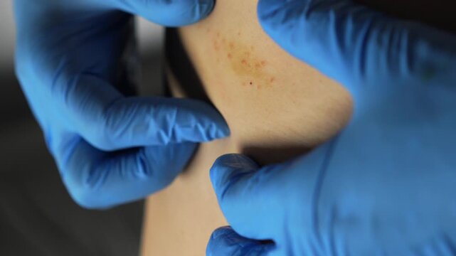A dermatologist examines a patient's skin.
A close-up of dermatitis or ringworm on a person's skin.
A doctor wearing gloves examines a patient with dermatitis.
Itchy skin and allergies on the body