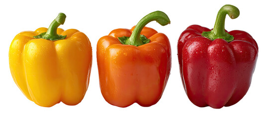 Three bell peppers in varying shades of orange and red