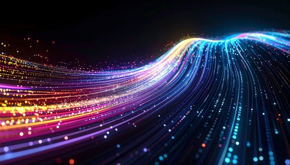 Vibrant, glowing streams of colorful light particles curve across a dark background, suggesting data flow and connection