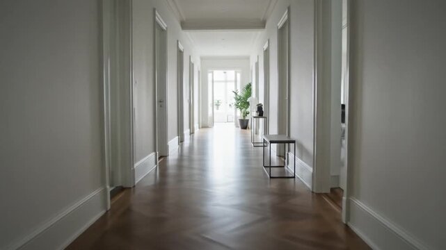 Hallway lined with doors dark wood chevron floor plant and tables toward the end