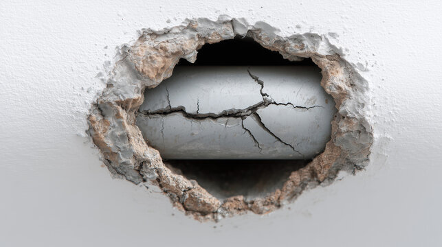 Cracked electrical conduit pipe visible through wall damage  
