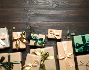 Wrapped gifts on a dark wooden table