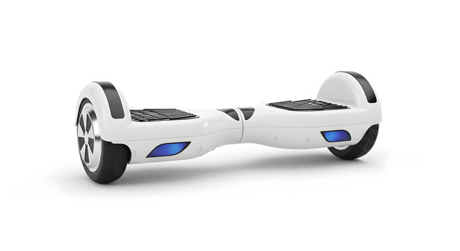 A white self-balancing electric scooter, also known as a hoverboard, is shown against a white background.
