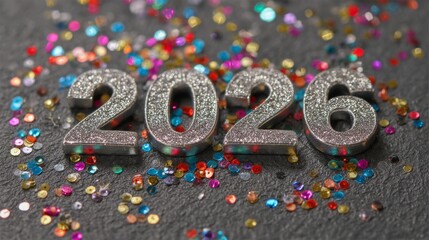 Celebration of the New Year with sparkling numbers on a colorful confetti backdrop
