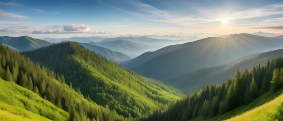 Dense pine forest covering rolling hills with misty mountains in the distance.
