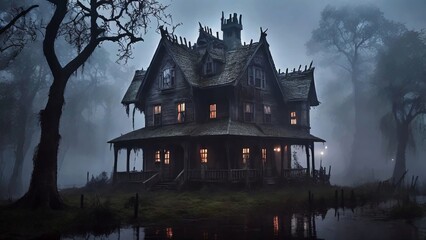Obraz premium Foggy Swamp with Witch Cottage and Bats Halloween Background