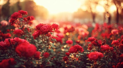Vibrant Red Roses in a Sunlit Garden at Golden Hour