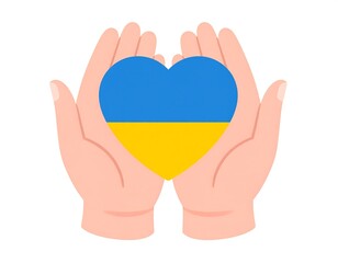 Hands holding Ukrainian flag heart, symbol of support and solidarity