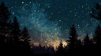 Magical Starry Night Forest Landscape - Peaceful Twilight Sky with Silhouetted Trees