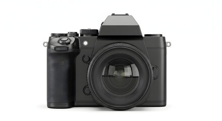 Front view of a sleek black digital camera with a prominent lens, isolated on a clean white background, ready for photography.