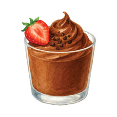 Watercolor Chocolate Mousse Dessert with Strawberry in Glass Cup