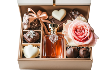 Elegant Valentine Gift Box Featuring Perfume, Chocolates, and High-End Items Perfect for Romance isolated on transparent background PNG