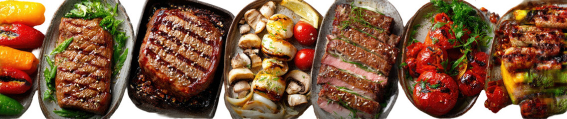Grilled Meats and Vegetables on Serving Dishes