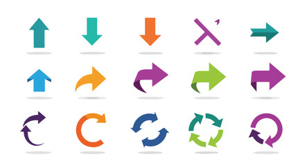 Collection of Colorful and Directional Arrow Icon Symbols for Navigation and Signage Usages and Implementations in various Fields