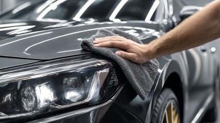 Car detailing process takes place in a modern garage with a technician cleaning a black vehicle using a microfiber cloth