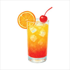 Watercolor Tequila Sunrise Cocktail with Orange Slice and Cherry
